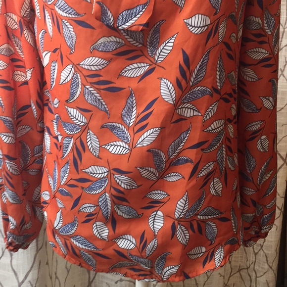 Burnt Orange leaf print tie neck blouse - Picture 3 of 6